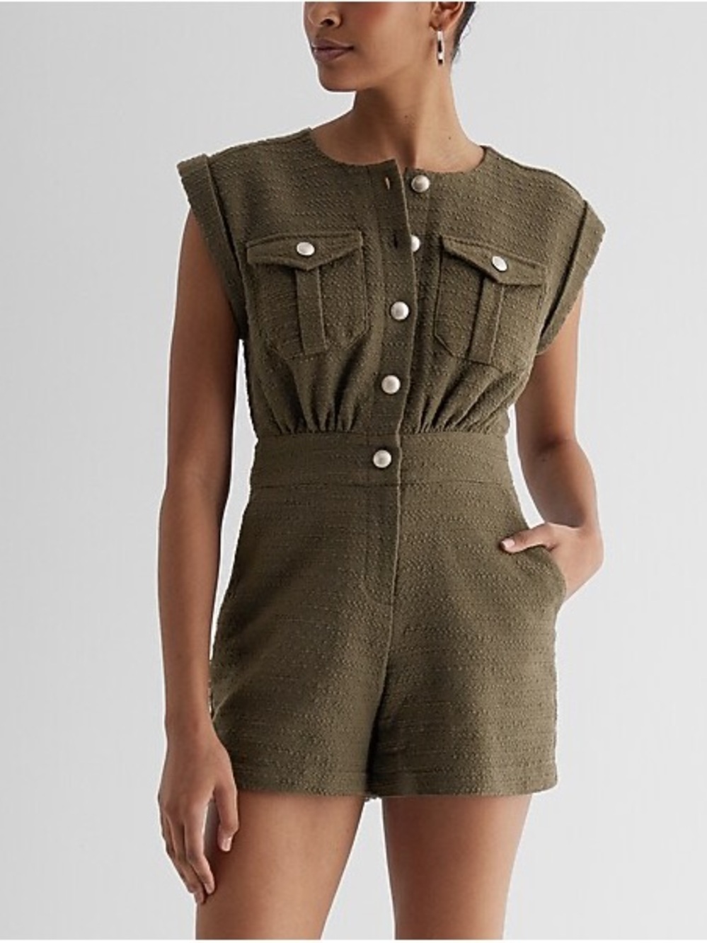 Express Olive Green Tweed Pocket Romper